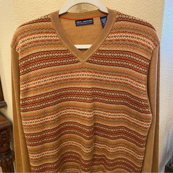 JOHN ASHFORD 100% Extra Fine Merino Wool Earthy Color V-Neck Sweater Size XL - Picture 3 of 7